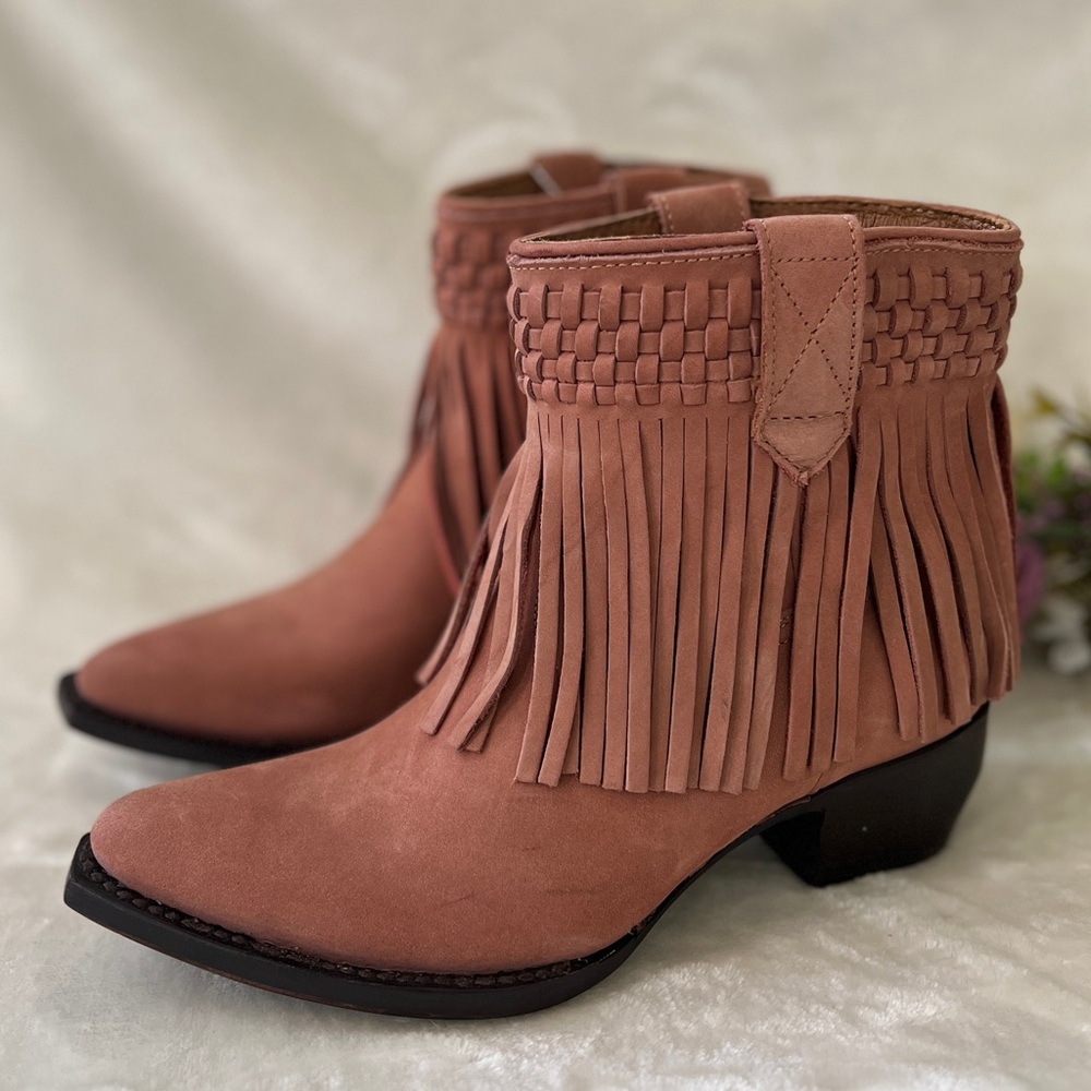 NEW Womens Size 6.5 Frye Sacha Short Fringe Nubuck Leather Bootie Dark Sand Rose